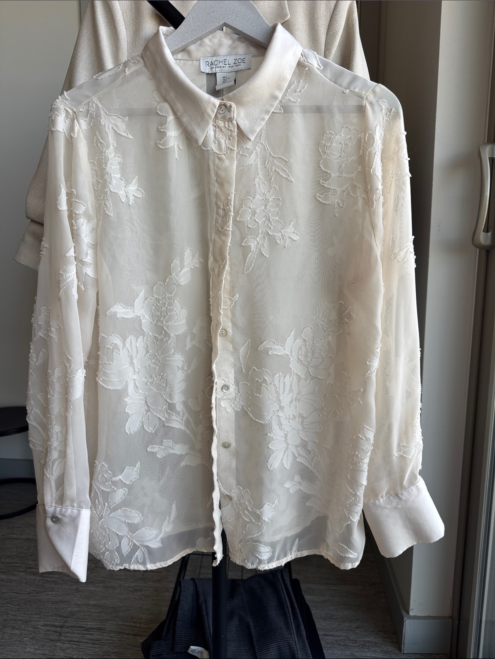 Rachel Zoe Ivory Sheer Floral Embroidered Button-Down Shirt